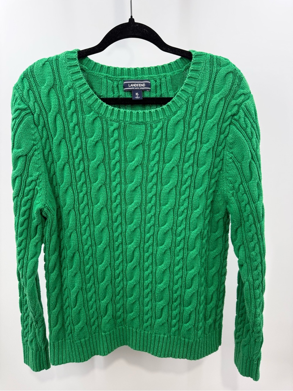 Lands’ End Emerald Green Cable Knit Crewneck Sweater Size XL